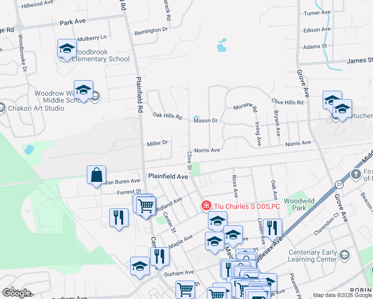 map of restaurants, bars, coffee shops, grocery stores, and more near 76 Clive Street in Metuchen