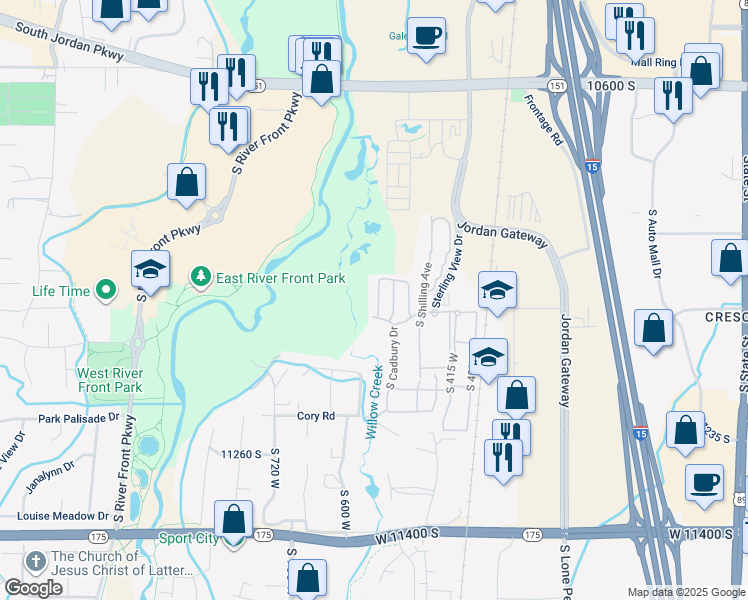 map of restaurants, bars, coffee shops, grocery stores, and more near 10984 Birch Creek Road in South Jordan