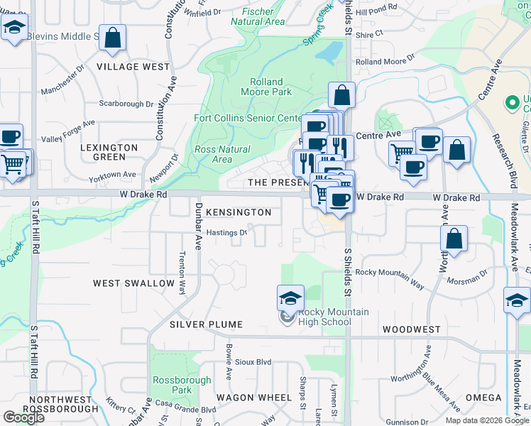 map of restaurants, bars, coffee shops, grocery stores, and more near 1306 Glen Haven Drive in Fort Collins
