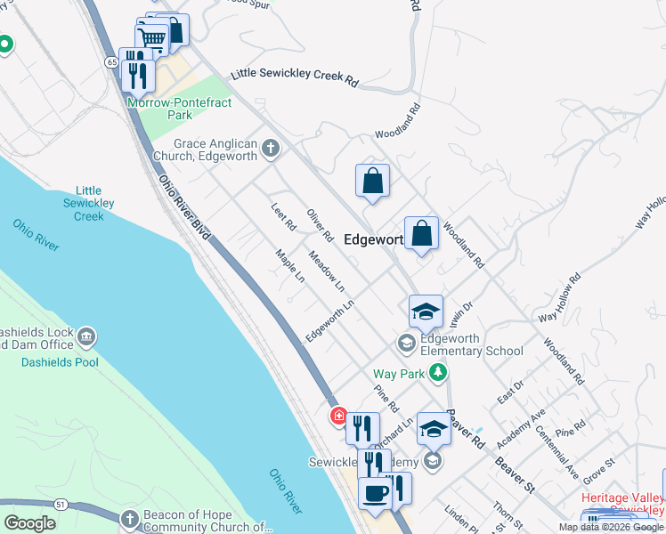 map of restaurants, bars, coffee shops, grocery stores, and more near 421 Oliver Road in Sewickley