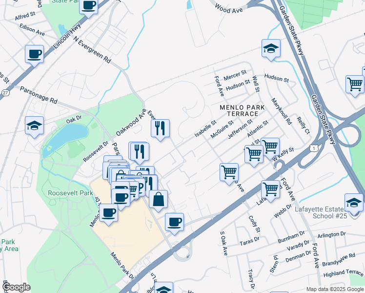map of restaurants, bars, coffee shops, grocery stores, and more near 58 Isabelle Street in Edison