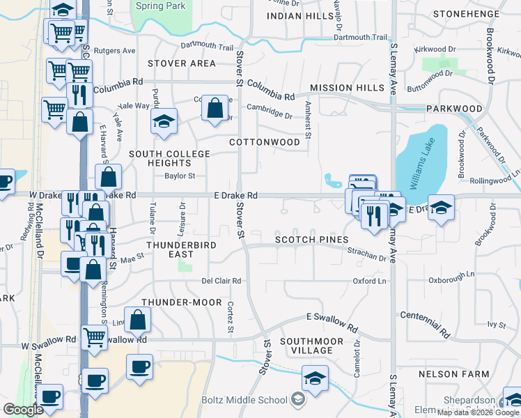 map of restaurants, bars, coffee shops, grocery stores, and more near 705 East Drake Road in Fort Collins