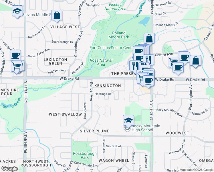 map of restaurants, bars, coffee shops, grocery stores, and more near in Fort Collins