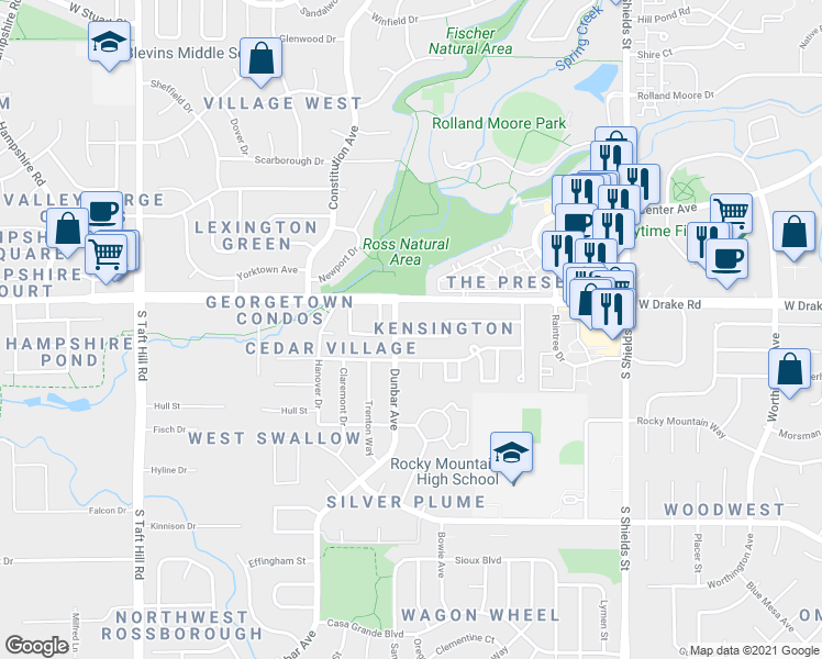 map of restaurants, bars, coffee shops, grocery stores, and more near 2600 Dunbar Avenue in Fort Collins