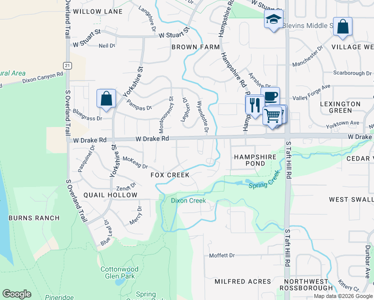 map of restaurants, bars, coffee shops, grocery stores, and more near 2506 Fox Run Court in Fort Collins