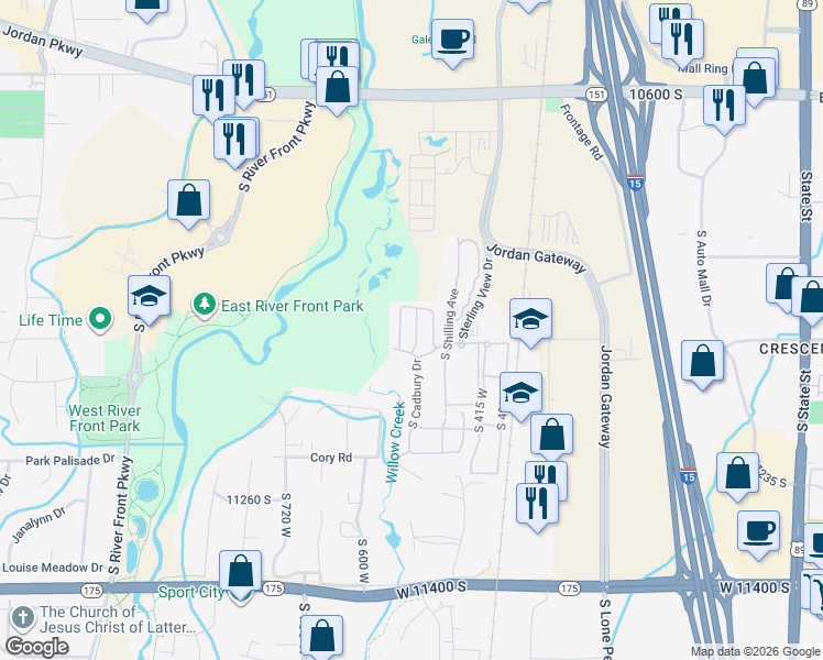 map of restaurants, bars, coffee shops, grocery stores, and more near 10956 Maple Forest Way in South Jordan