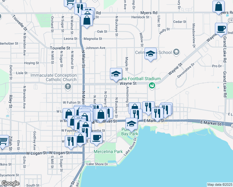 map of restaurants, bars, coffee shops, grocery stores, and more near East Anthony Street in Celina