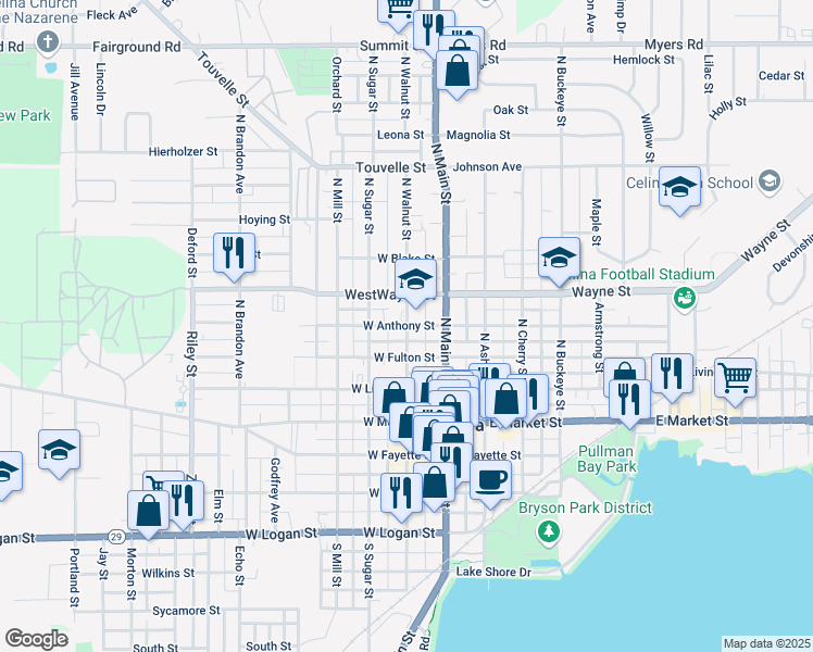 map of restaurants, bars, coffee shops, grocery stores, and more near East Anthony Street in Celina