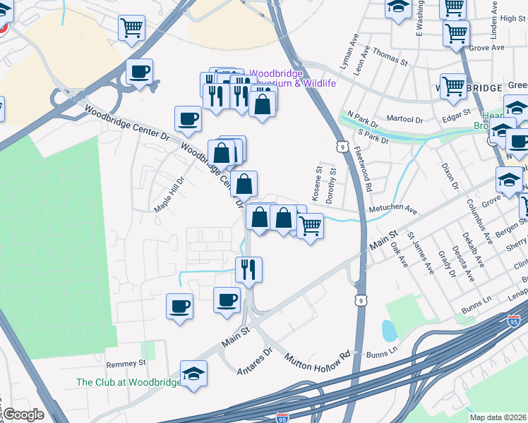 map of restaurants, bars, coffee shops, grocery stores, and more near 306 Sharon Garden Court in Woodbridge Township