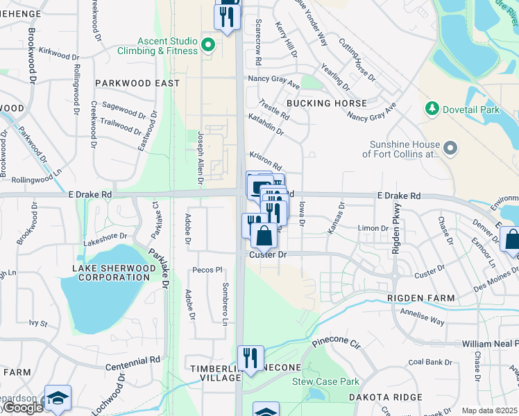 map of restaurants, bars, coffee shops, grocery stores, and more near in Fort Collins