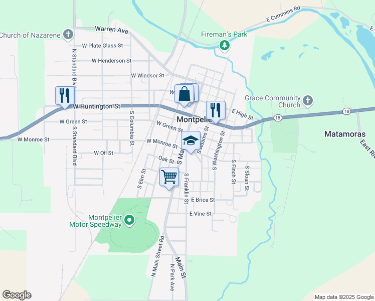 map of restaurants, bars, coffee shops, grocery stores, and more near 107 East Monroe Street in Montpelier