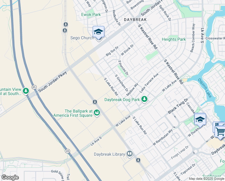 map of restaurants, bars, coffee shops, grocery stores, and more near 10974 South Lake Run Road in South Jordan