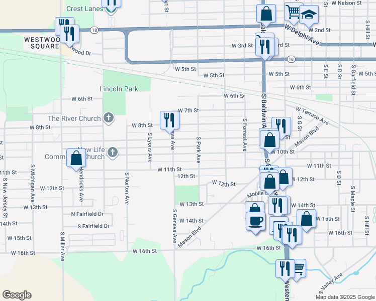 map of restaurants, bars, coffee shops, grocery stores, and more near 1720 West 10th Street in Marion