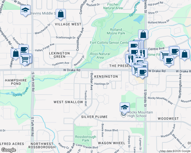 map of restaurants, bars, coffee shops, grocery stores, and more near 2600 Dunbar Avenue in Fort Collins