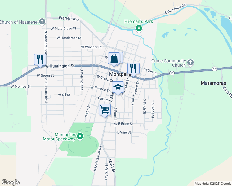 map of restaurants, bars, coffee shops, grocery stores, and more near 107 East Monroe Street in Montpelier