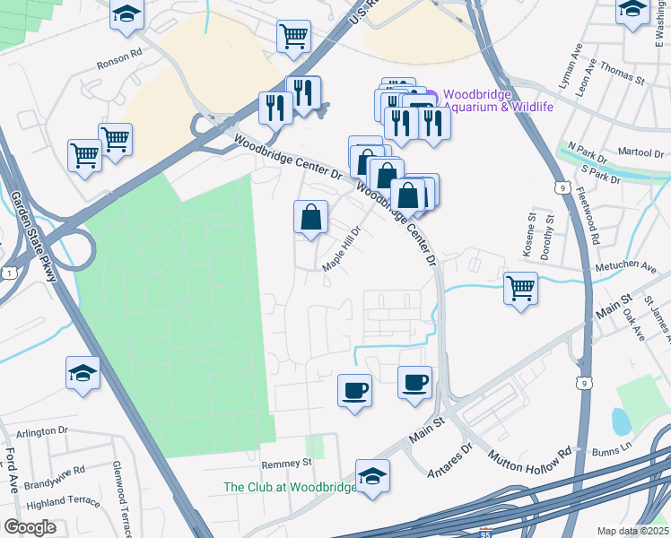 map of restaurants, bars, coffee shops, grocery stores, and more near 602 Maple Hill Drive in Woodbridge Township