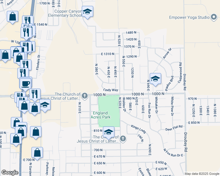 map of restaurants, bars, coffee shops, grocery stores, and more near 455 Lindy Way in Tooele