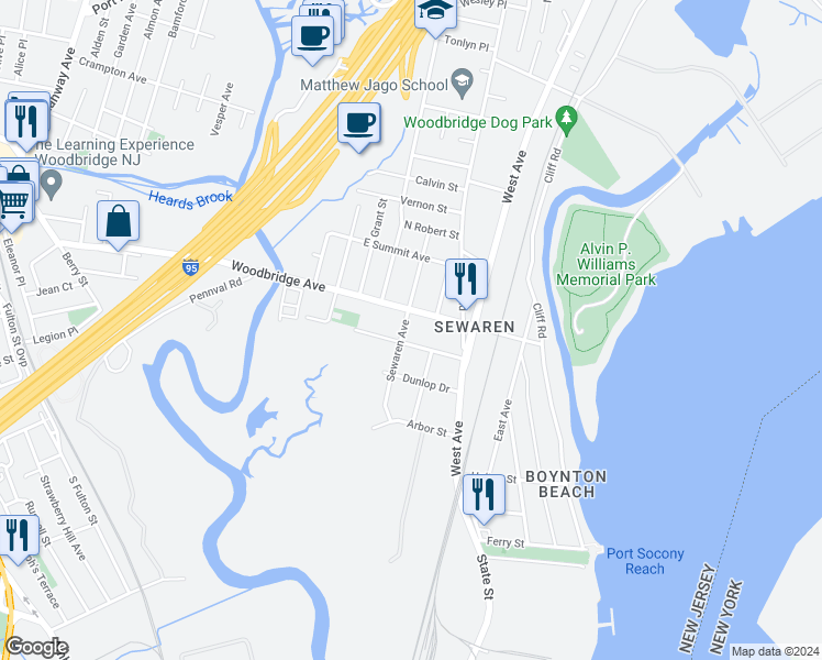 map of restaurants, bars, coffee shops, grocery stores, and more near 89 Sewaren Avenue in Woodbridge Township