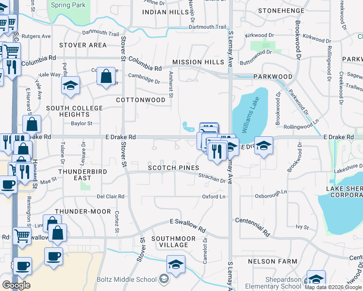 map of restaurants, bars, coffee shops, grocery stores, and more near 801 East Drake Road in Fort Collins