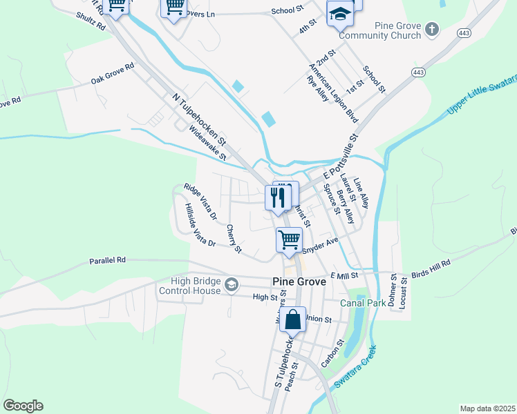 map of restaurants, bars, coffee shops, grocery stores, and more near 19 West Pottsville Street in Pine Grove