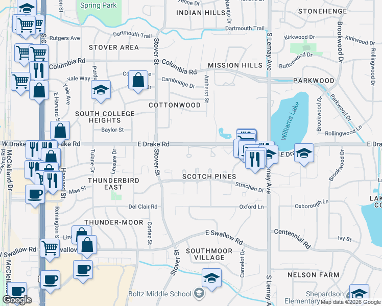 map of restaurants, bars, coffee shops, grocery stores, and more near 801 East Drake Road in Fort Collins