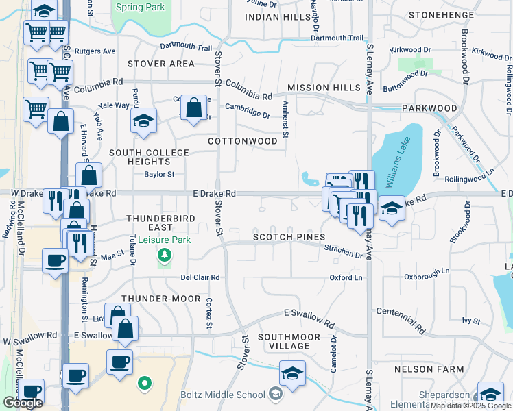 map of restaurants, bars, coffee shops, grocery stores, and more near 801 East Drake Road in Fort Collins