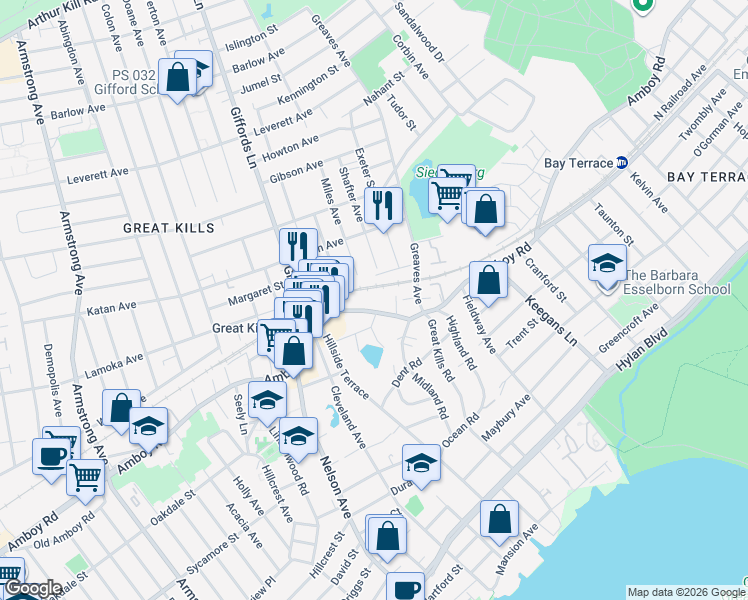 map of restaurants, bars, coffee shops, grocery stores, and more near 41 Miles Avenue in Staten Island