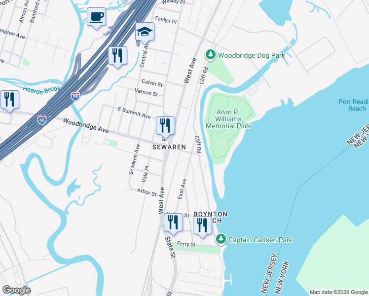 map of restaurants, bars, coffee shops, grocery stores, and more near 19 Woodbridge Avenue in Woodbridge Township