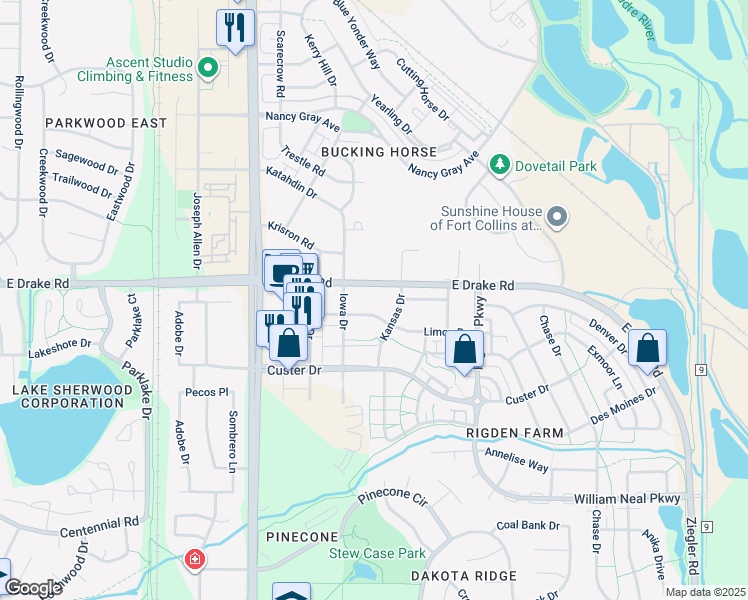 map of restaurants, bars, coffee shops, grocery stores, and more near 2350 Limon Drive in Fort Collins