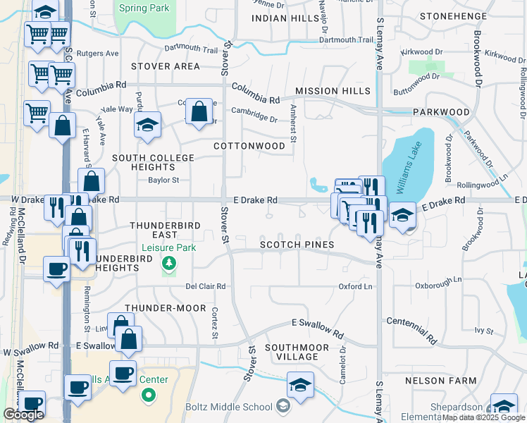 map of restaurants, bars, coffee shops, grocery stores, and more near in Fort Collins