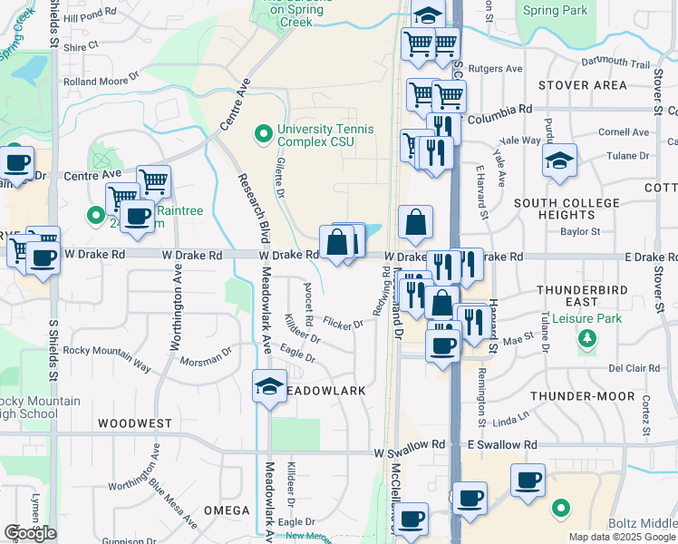 map of restaurants, bars, coffee shops, grocery stores, and more near in Fort Collins