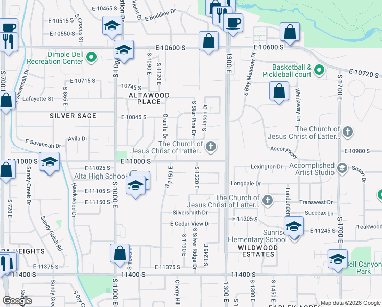 map of restaurants, bars, coffee shops, grocery stores, and more near 10950 Starpine Drive in Sandy