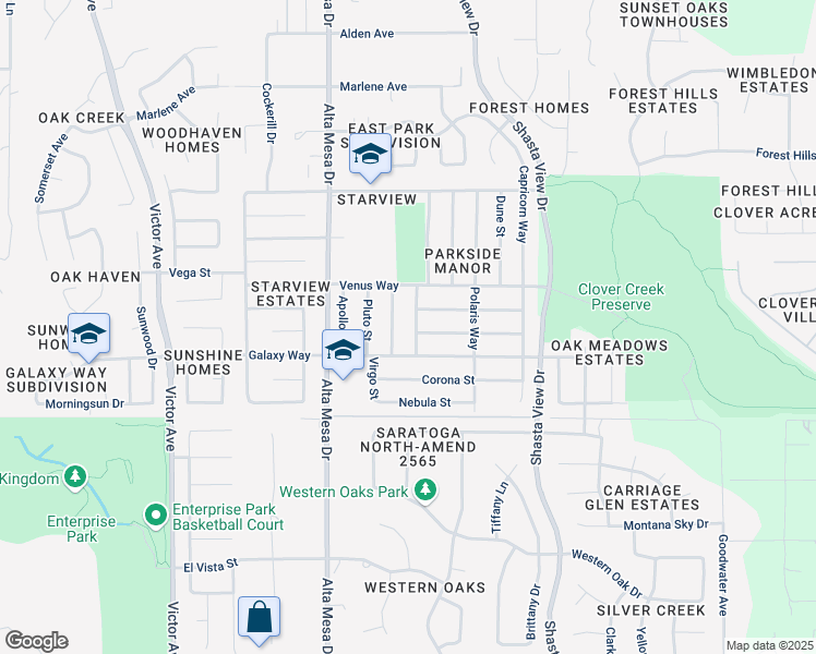 map of restaurants, bars, coffee shops, grocery stores, and more near 2369 Capella Street in Redding