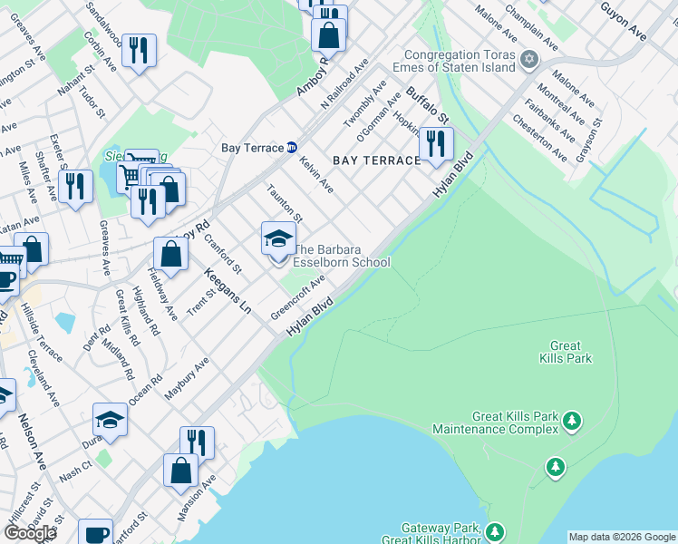 map of restaurants, bars, coffee shops, grocery stores, and more near 19 Greencroft Avenue in Staten Island