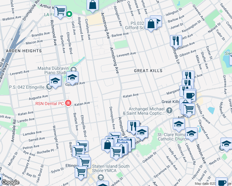 map of restaurants, bars, coffee shops, grocery stores, and more near 738 Armstrong Avenue in Staten Island