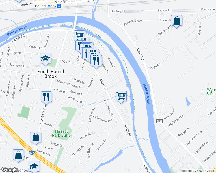map of restaurants, bars, coffee shops, grocery stores, and more near 15 Johnson Street in South Bound Brook