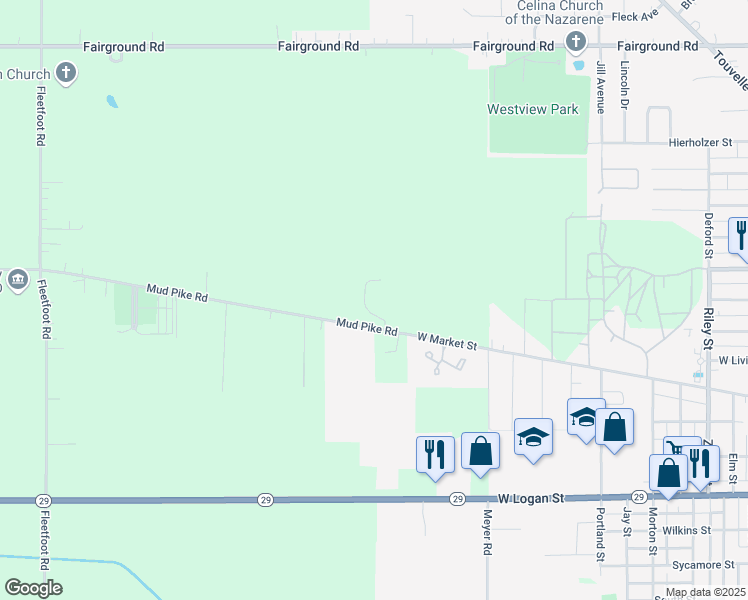 map of restaurants, bars, coffee shops, grocery stores, and more near 5381 Mud Pike Road in Celina