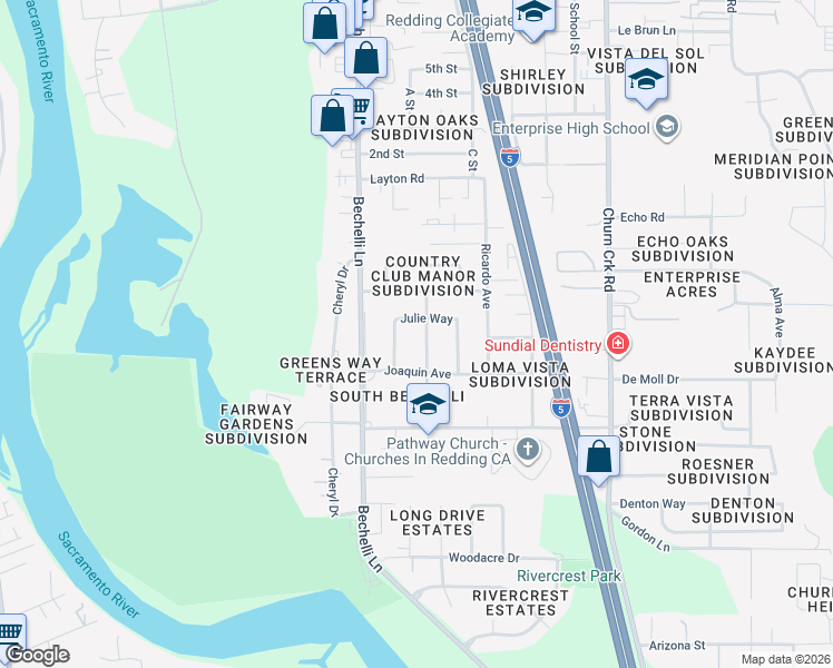 map of restaurants, bars, coffee shops, grocery stores, and more near 554 Julie Way in Redding