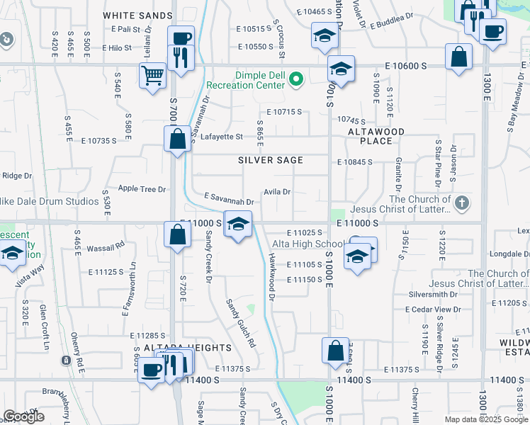 map of restaurants, bars, coffee shops, grocery stores, and more near 10973 Avila Drive in Sandy