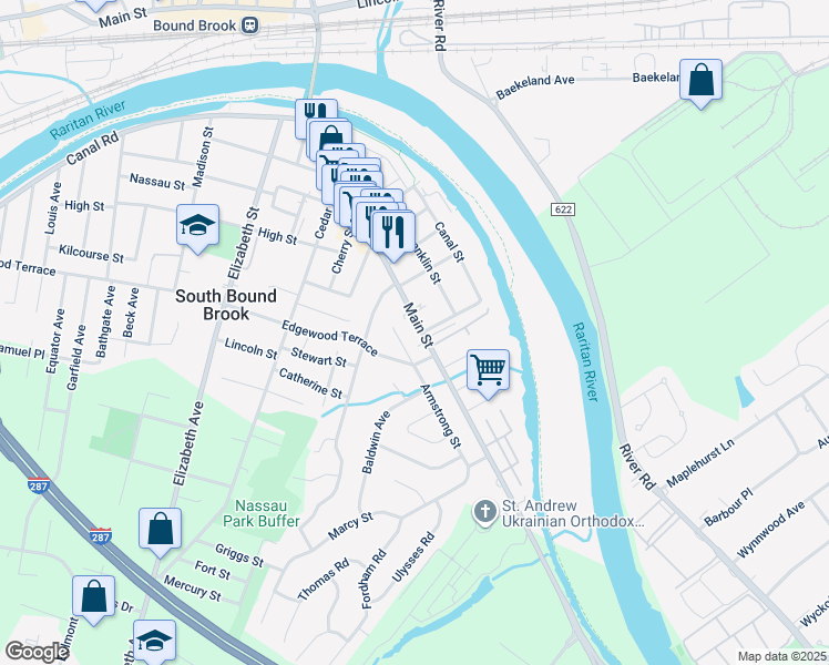 map of restaurants, bars, coffee shops, grocery stores, and more near 138 Main Street in South Bound Brook