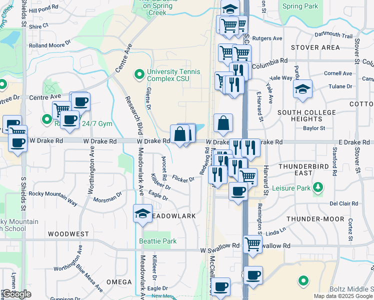 map of restaurants, bars, coffee shops, grocery stores, and more near in Fort Collins