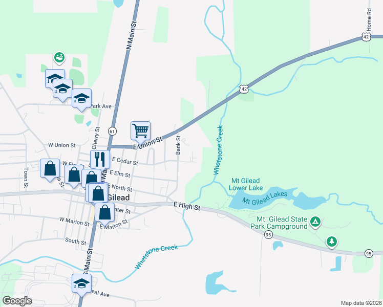 map of restaurants, bars, coffee shops, grocery stores, and more near 311 Pine Drive in Mount Gilead