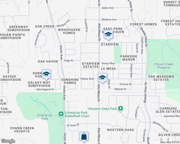 map of restaurants, bars, coffee shops, grocery stores, and more near 2079 Comet Street in Redding