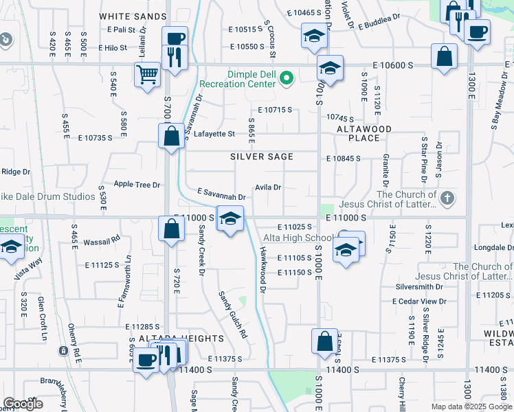map of restaurants, bars, coffee shops, grocery stores, and more near 10973 Avila Drive in Sandy