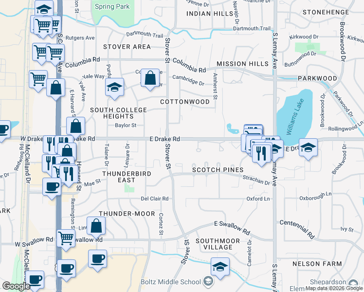 map of restaurants, bars, coffee shops, grocery stores, and more near 705 East Drake Road in Fort Collins