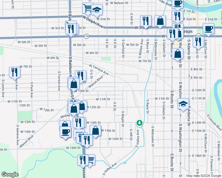 map of restaurants, bars, coffee shops, grocery stores, and more near 906 West 10th Street in Marion