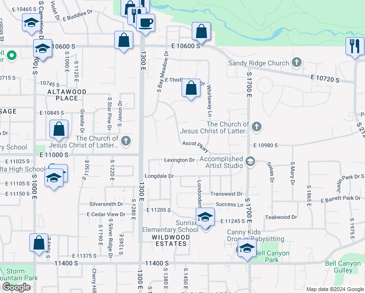 map of restaurants, bars, coffee shops, grocery stores, and more near 1456 Ascot Parkway in Sandy