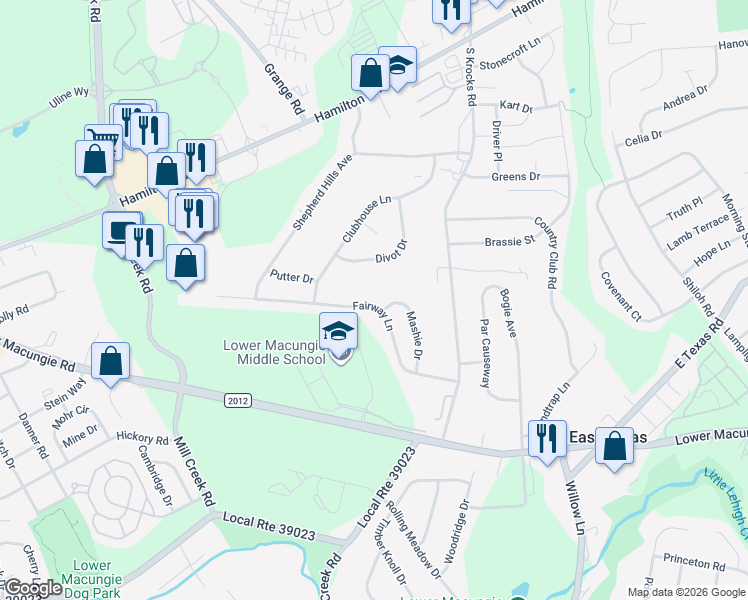 map of restaurants, bars, coffee shops, grocery stores, and more near 6033 Fairway Lane in Wescosville