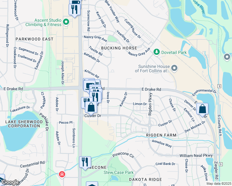 map of restaurants, bars, coffee shops, grocery stores, and more near 2350 Limon Drive in Fort Collins