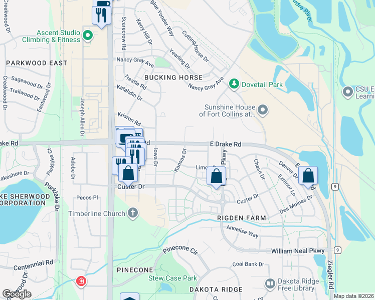 map of restaurants, bars, coffee shops, grocery stores, and more near in Fort Collins